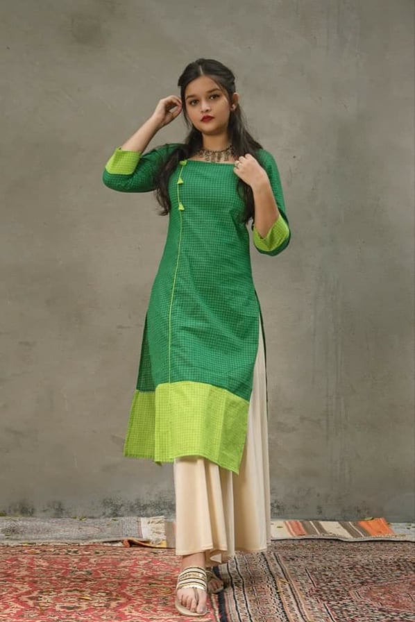Green Chequered cotton kurta