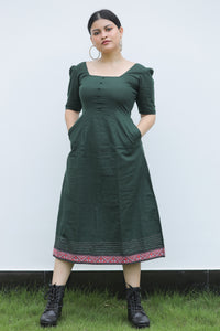 Bottle Green Cotton Midi Dress with red weave details.
