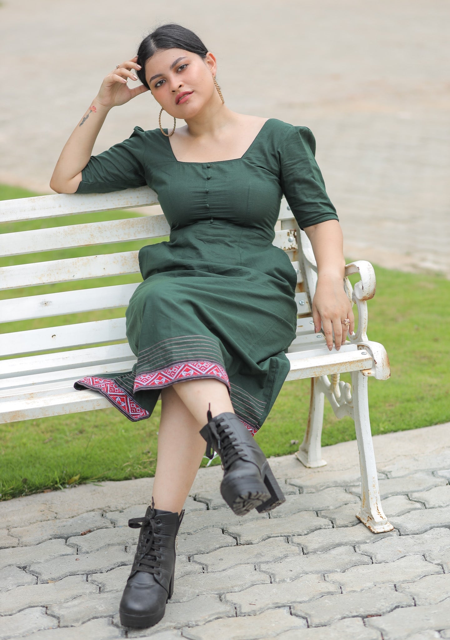 Bottle Green Cotton Midi Dress with red weave details.