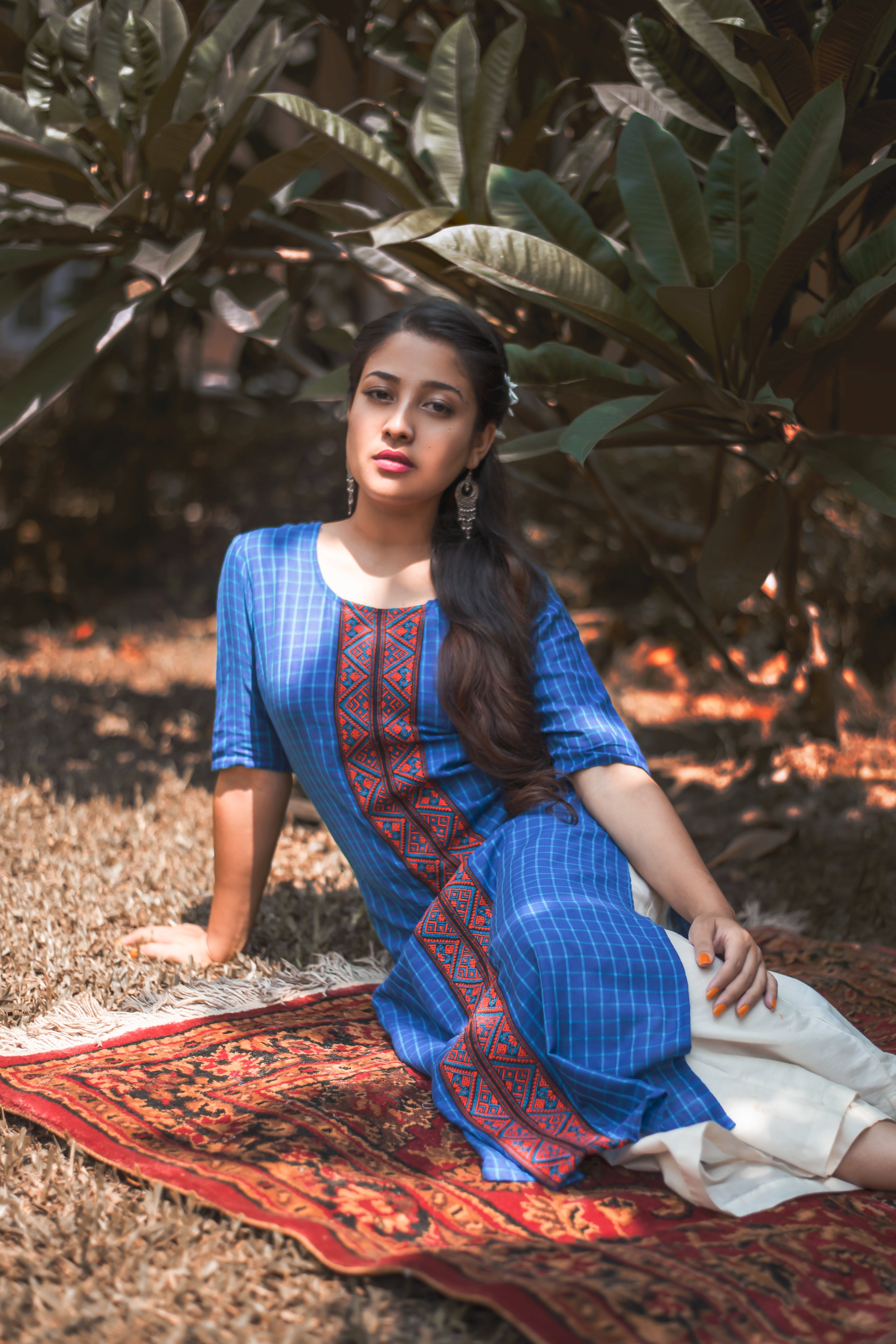 Chequered Blue Straight Kurta with Weave Details