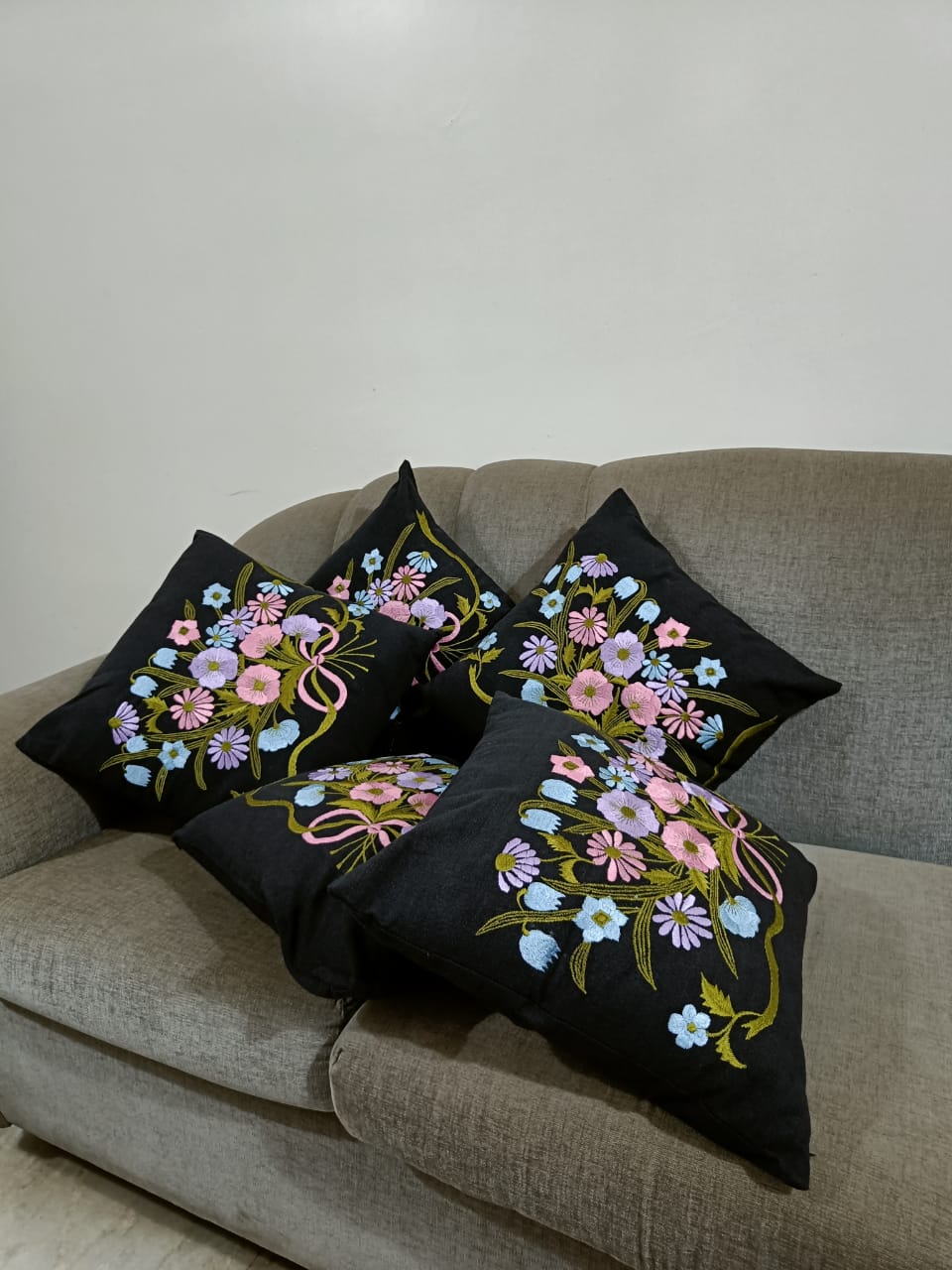 Set of 5: Floral Black Multicoloured Embroidered Cushions