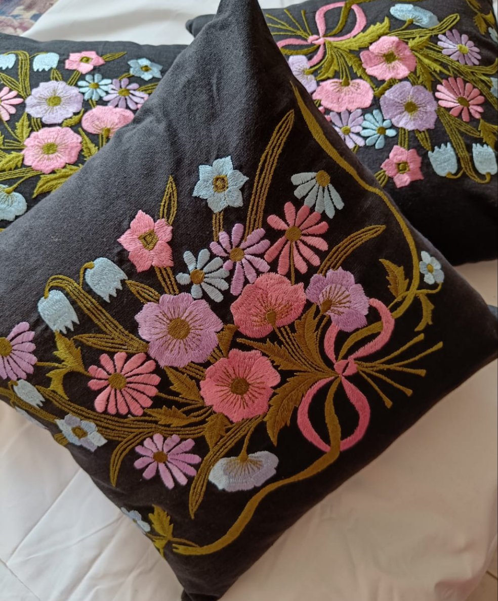 Set of 5: Floral Black Multicoloured Embroidered Cushions