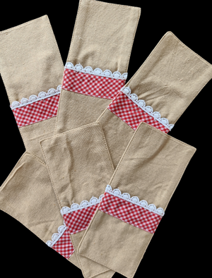 Set of 6: Cutlery wraps in beige with red gingham print and lace detail.