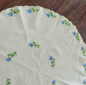 Blue & White round tablecloth with floral embroidery