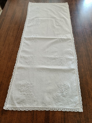 White on white runner with lace & floral embroidery