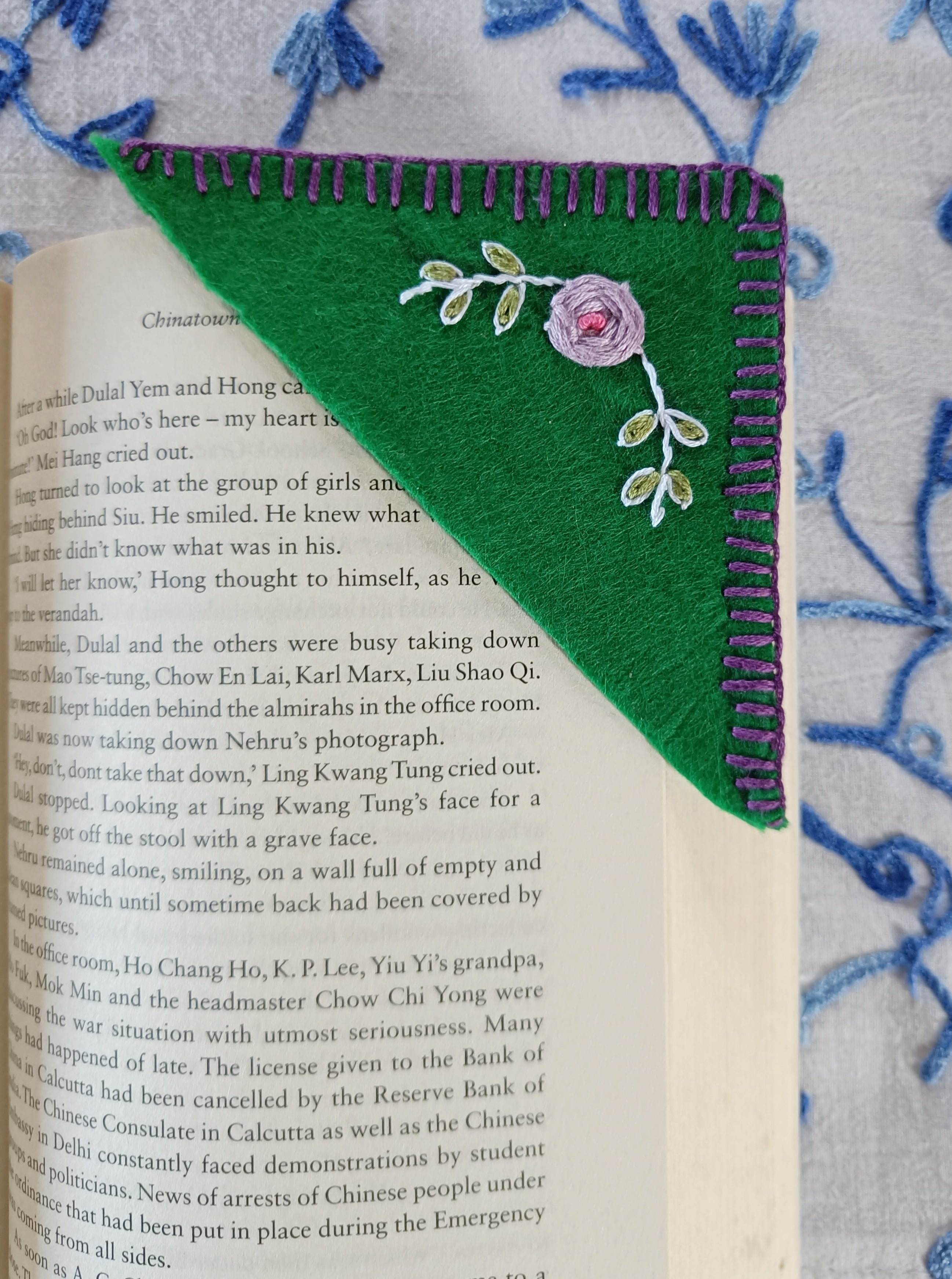 Set of 4: Triangle-shaped Hand embroidered bookmarks