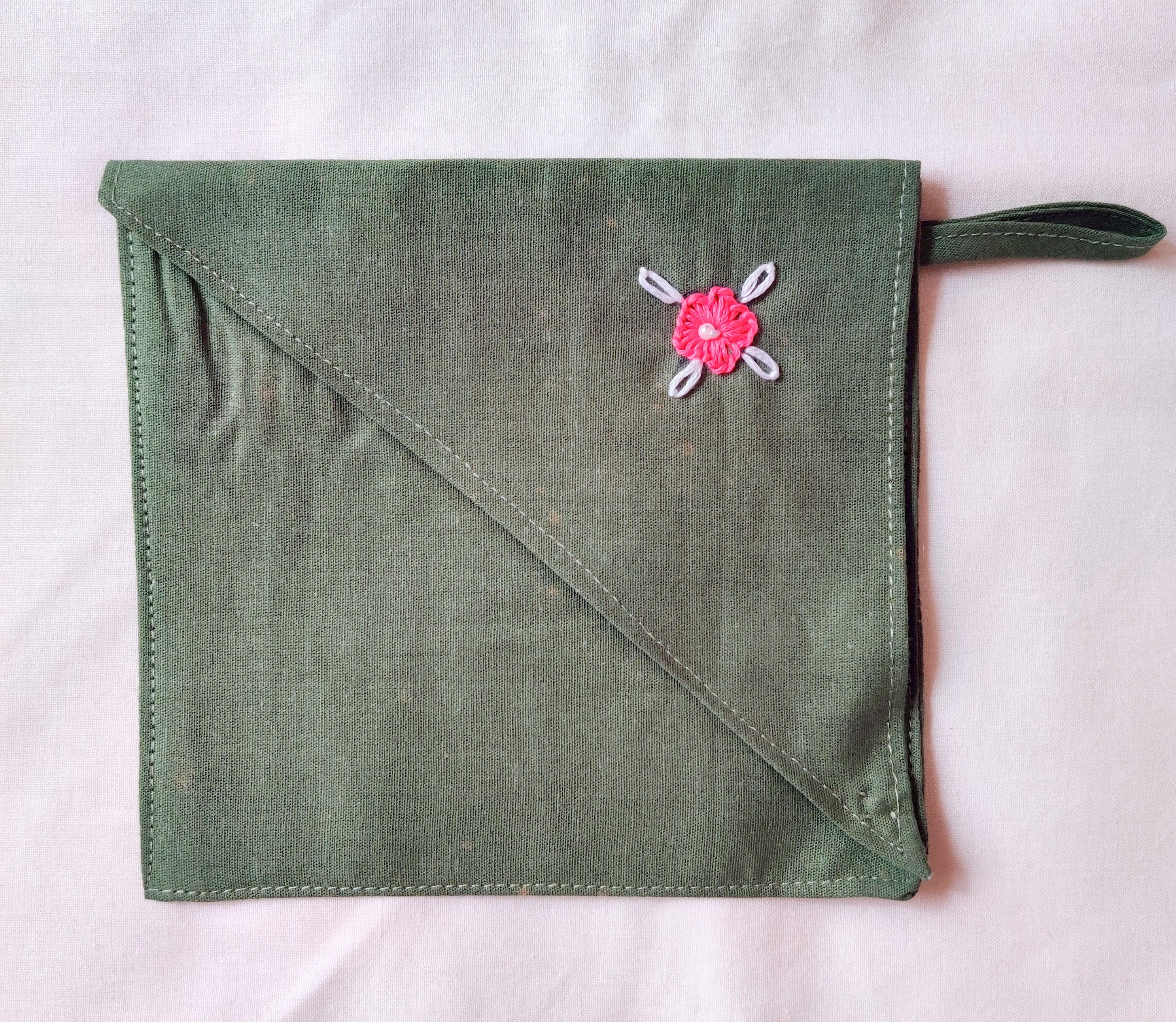 Green Cotton Fabric Mask Bag with hand embroidered details