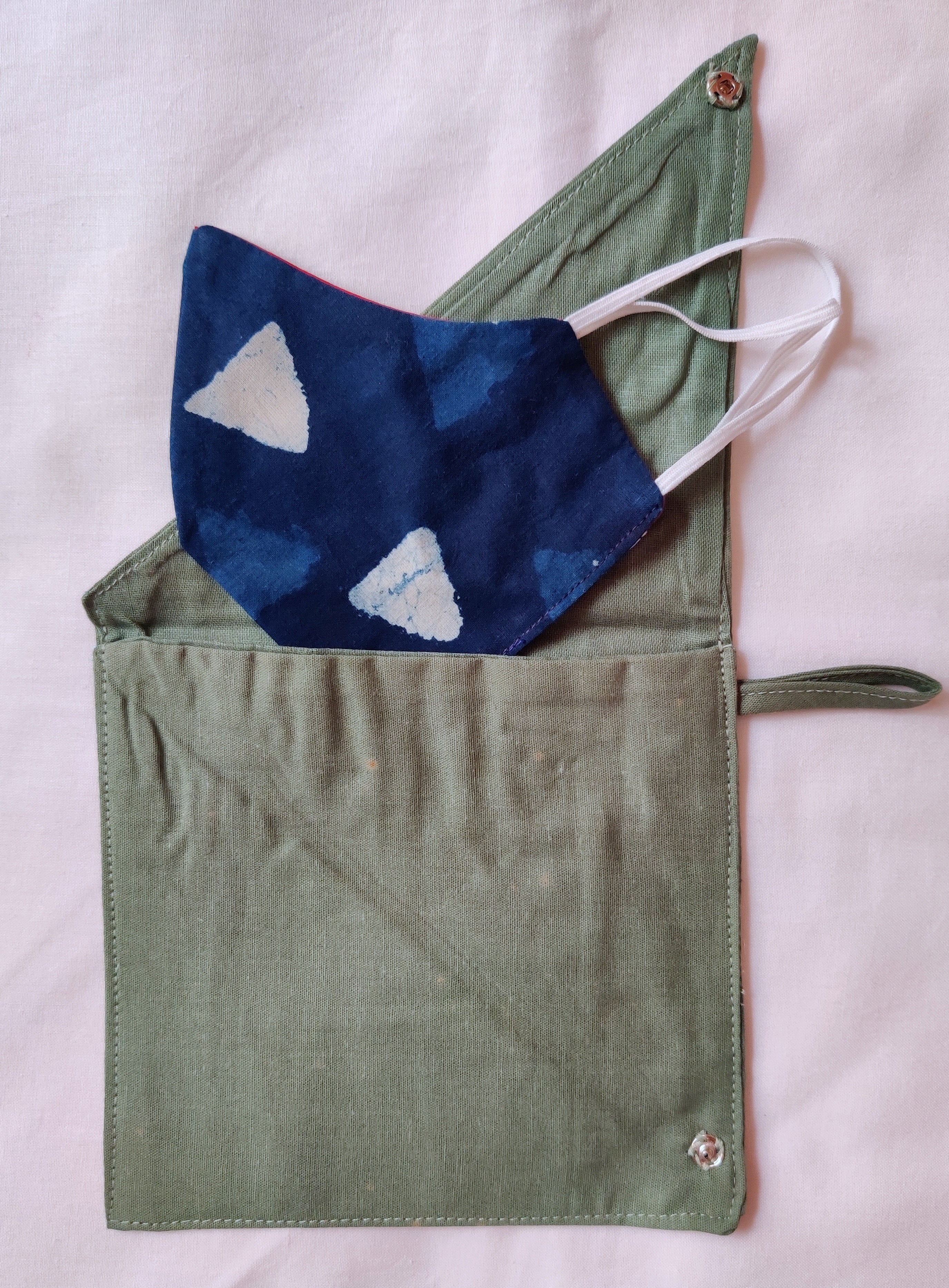 Green Cotton Fabric Mask Bag with hand embroidered details