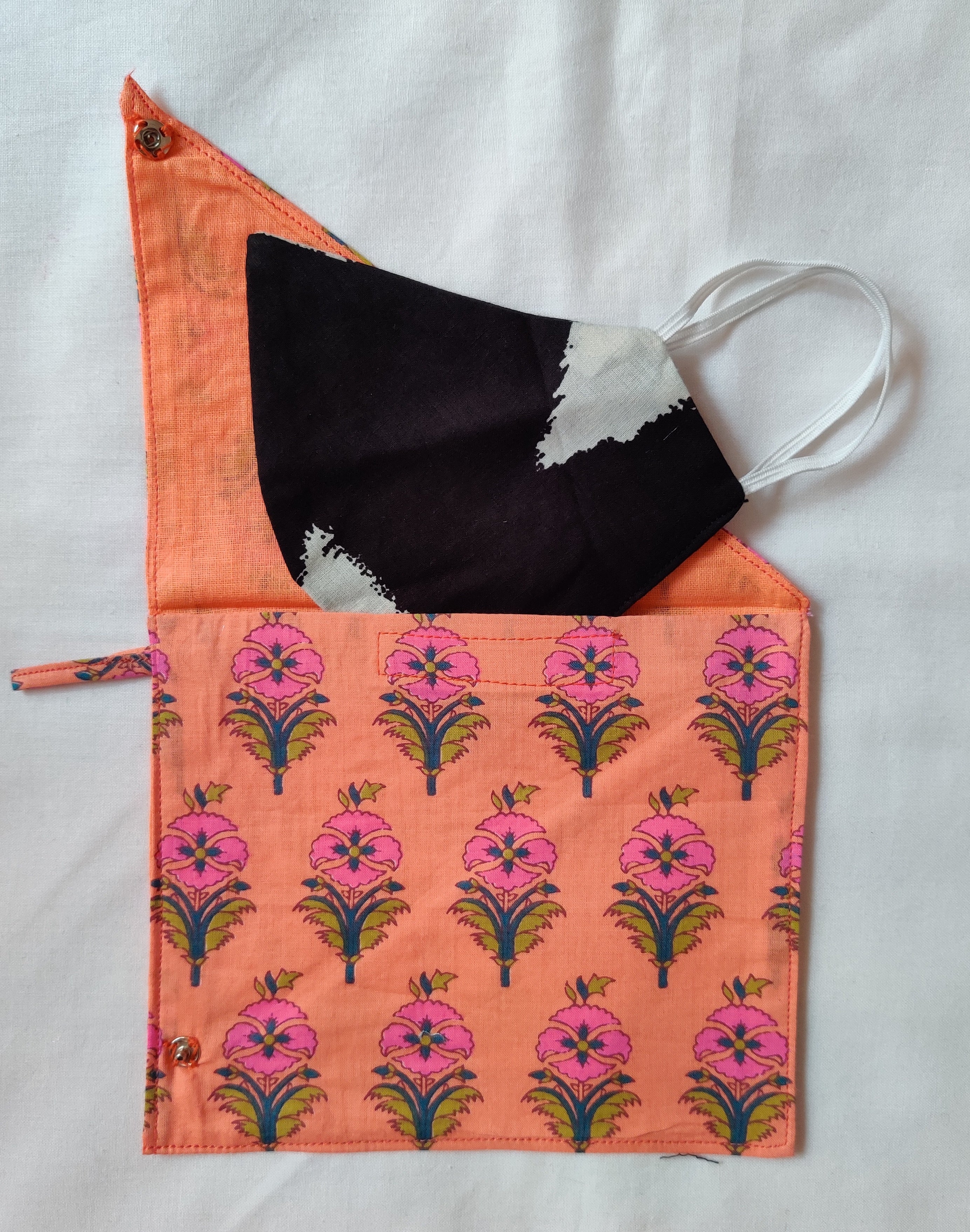 Orange Printed Cotton Fabric Mask Bag