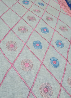White runner with lace & pink and blue embroidery