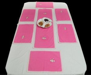 Set of 7: Pink Embroidered Table Mats