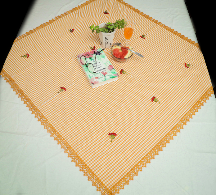 Embroidered Yellow Tea Table Cloth with napkins & Tatting lace