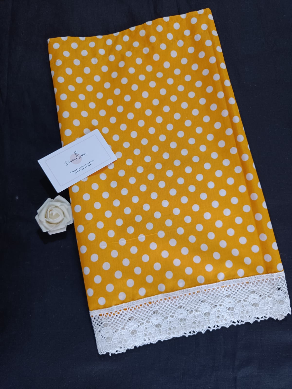 Mustard Polka Dot Valance with white lace