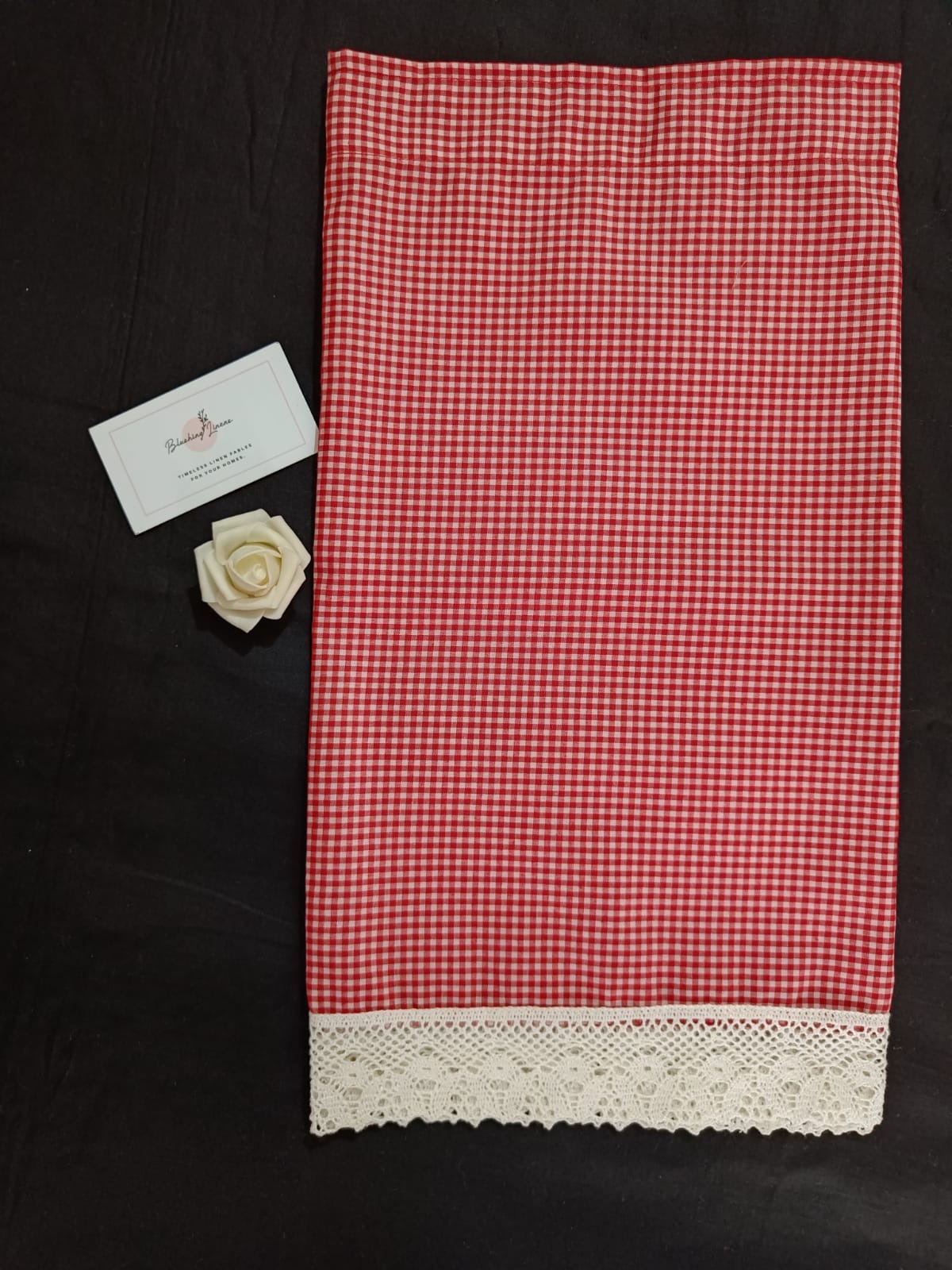 Red gingham print Valance with white lace