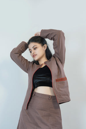 Chequered Brown Jacket with Weave Detail