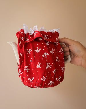 Red & White Teapot cover with lace details