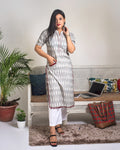 Grey Ikat Print Kurta with pom pom details