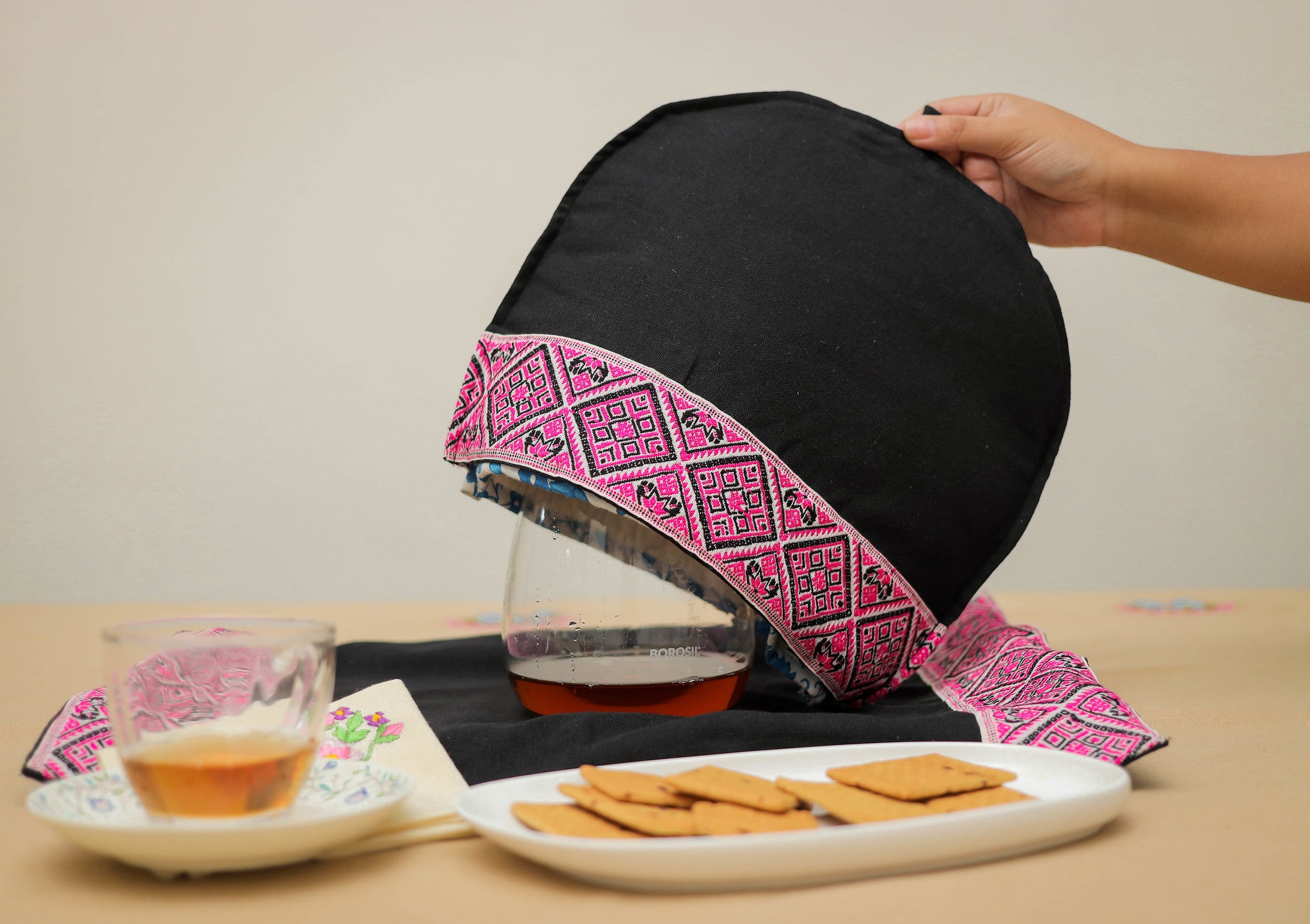 Black Tea cosy & Tray Cloth with Pink Weaved Border detail