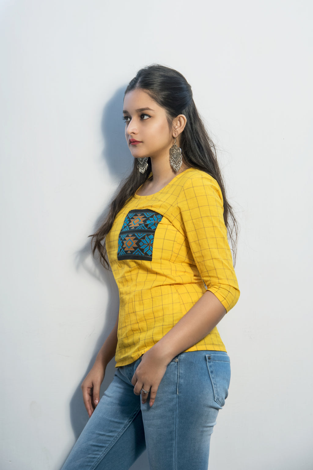 Chequered Yellow Top with Weave Detail Pocket