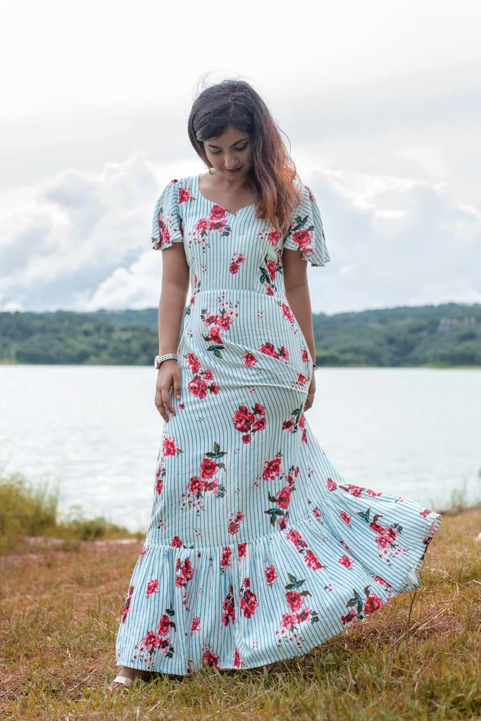 Striped & Floral Printed Maxi with Frills