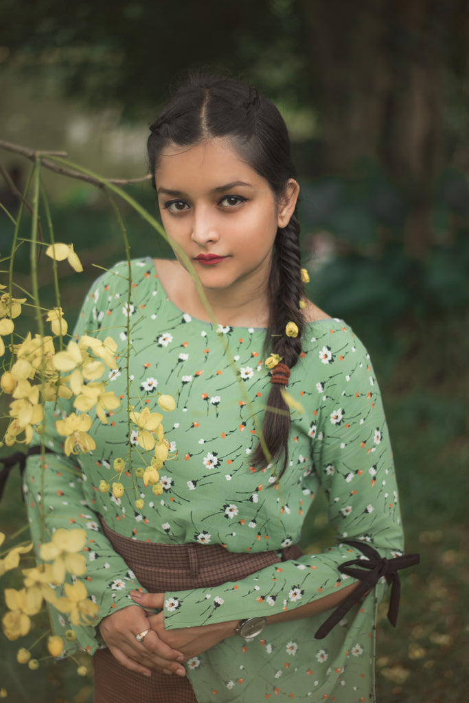 Green Printed Bell Sleeved Top