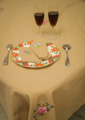 Multicolour Embroidered Beige Table Cloth