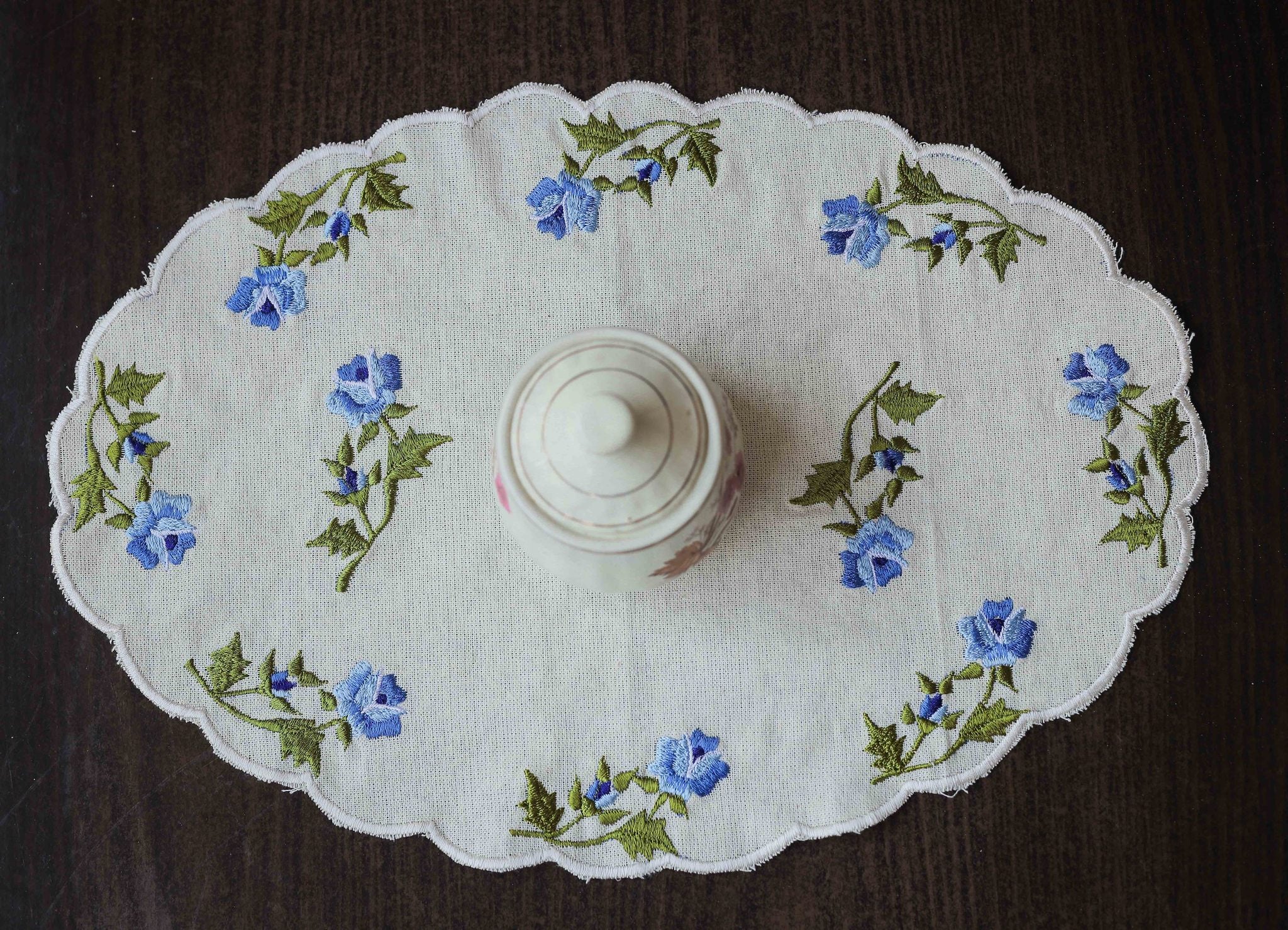 Set of 3: Blue Flower Embroidered Doily
