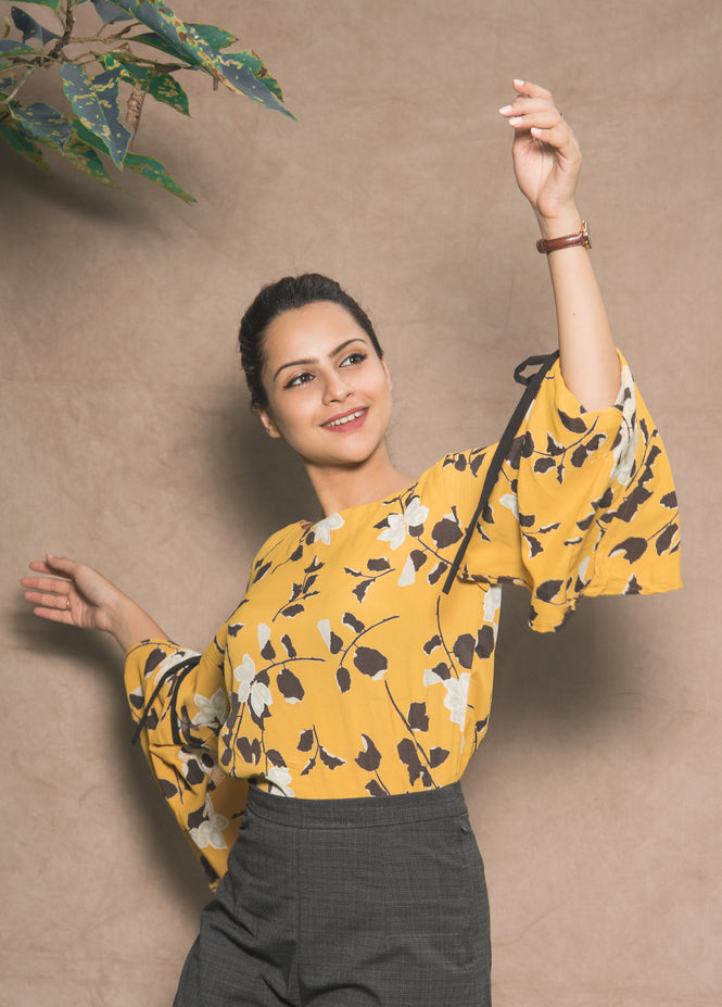 Printed Yellow Bell Sleeved Top