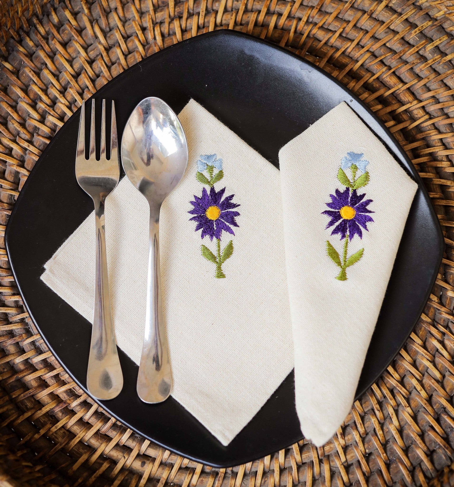 Set of 6- Purple Floral Embroidered White napkins