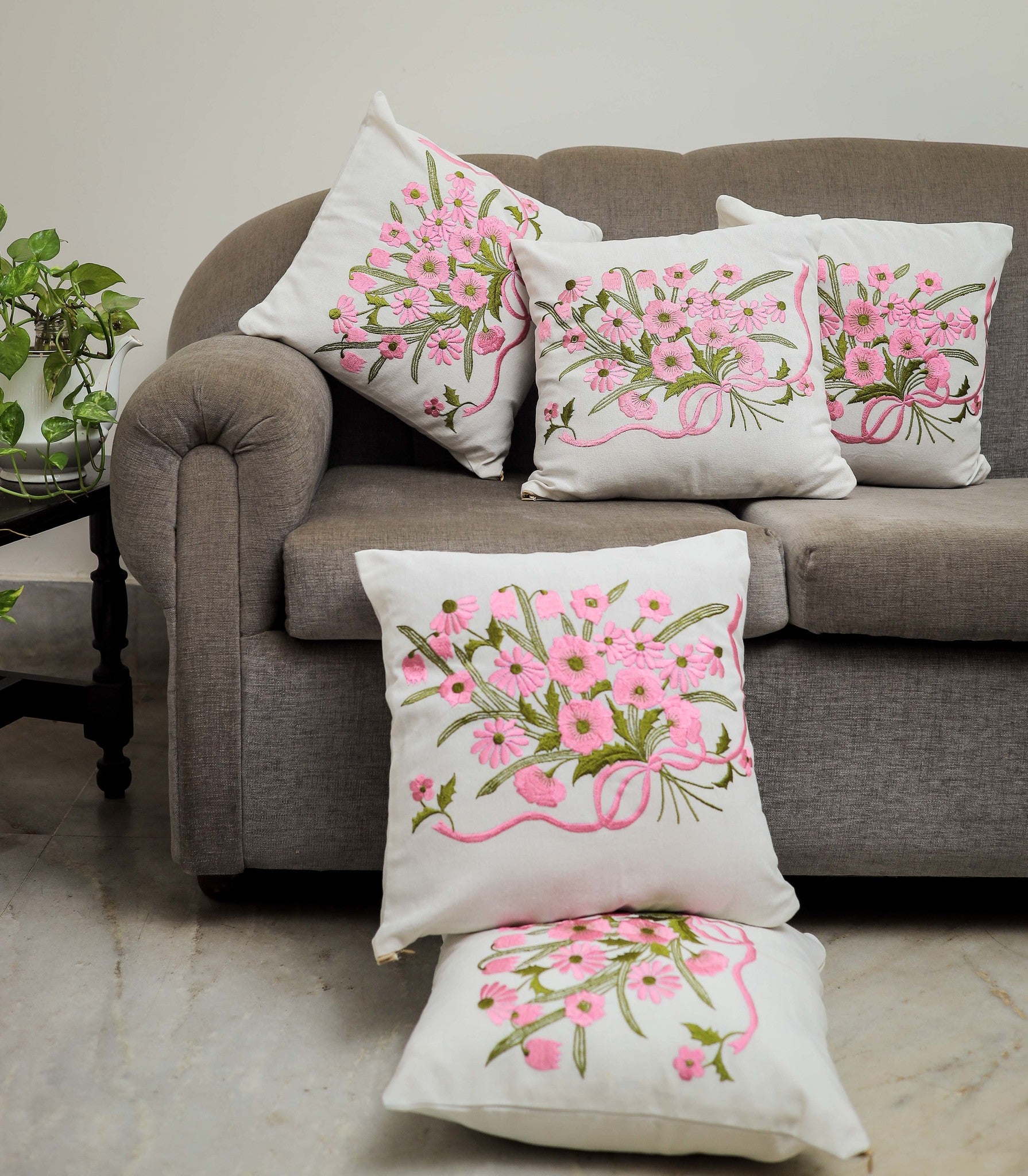 Set of 5: Floral Pink Embroidered Cushions