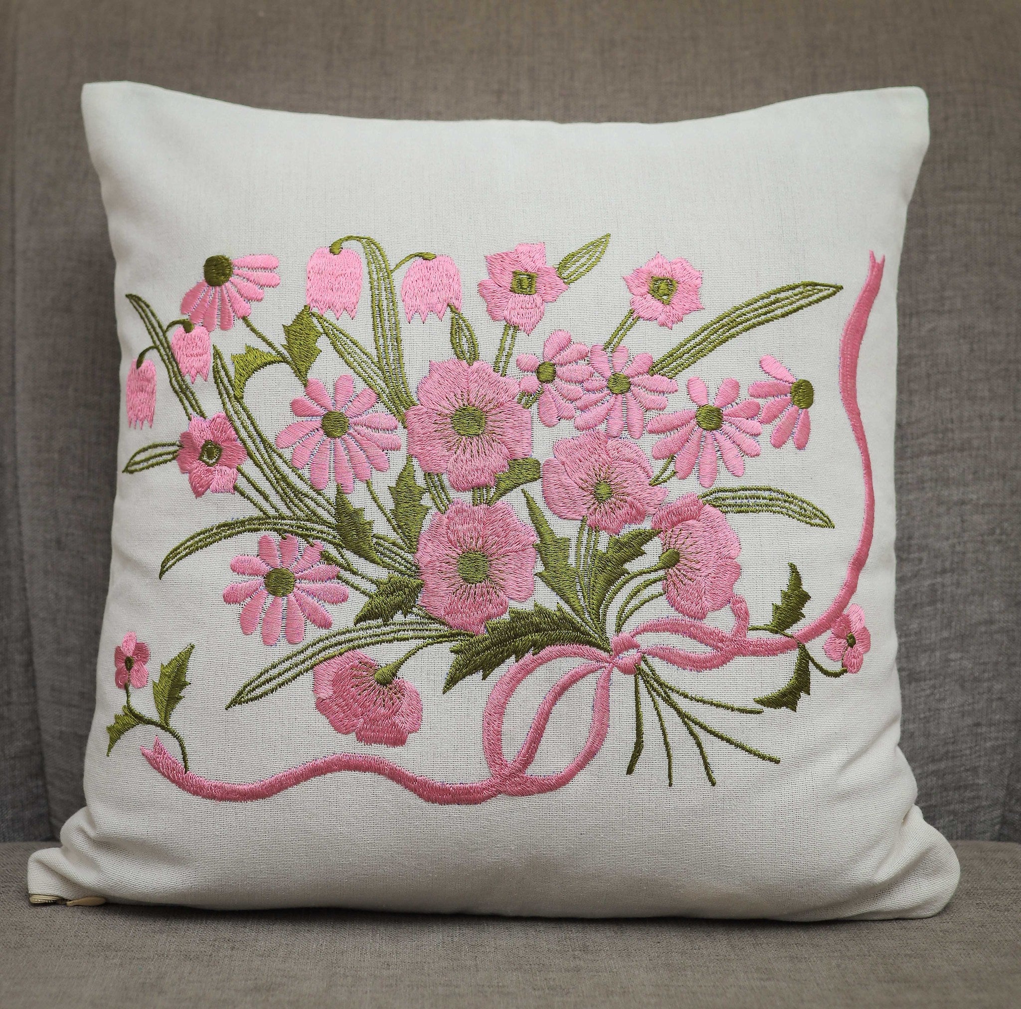 Set of 5: Floral Pink Embroidered Cushions