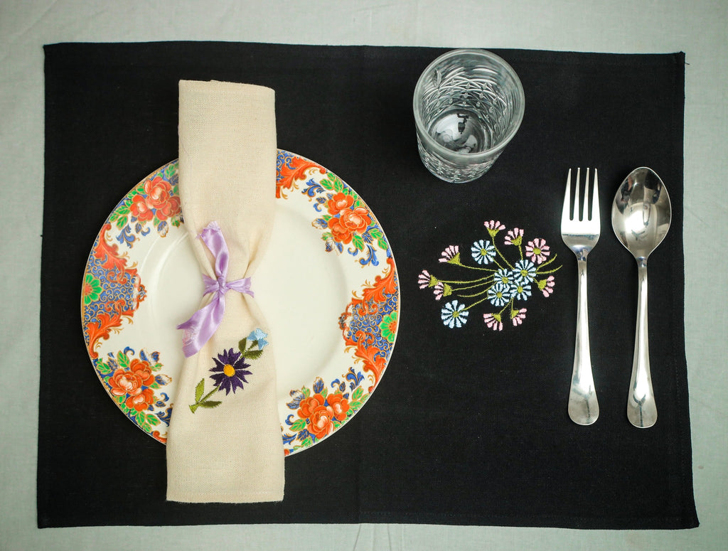 Set of 7: Black Embroidered Table Mats