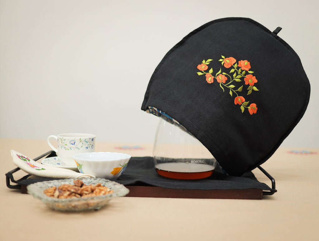 Black Embroidered Tea Cosy and Tray Cloth