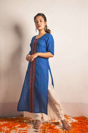Chequered Blue Straight Kurta with Weave Details