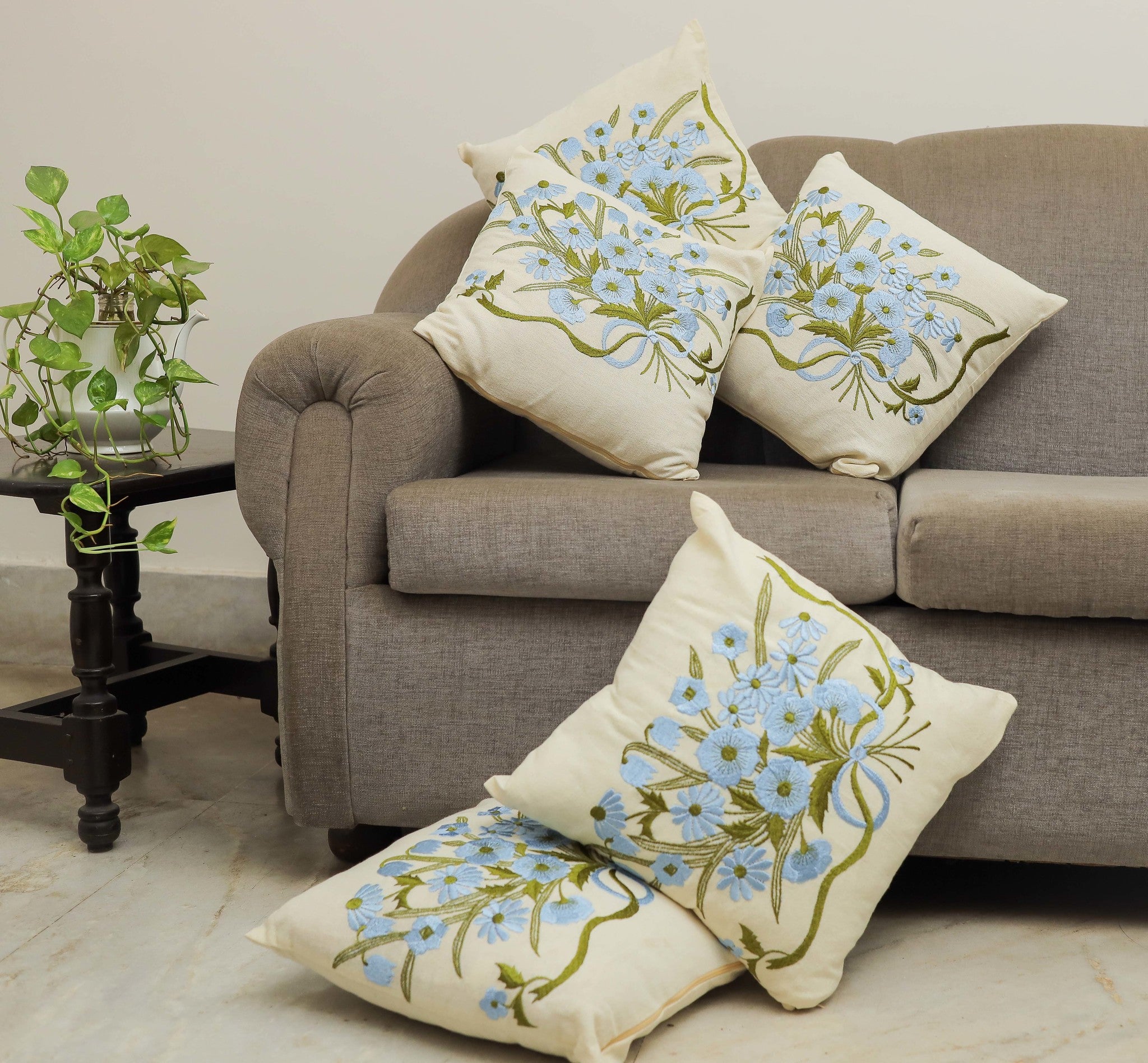 Set of 5: Floral Blue Embroidered Cushions