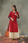 Red cotton kurta with print detailed sleeves