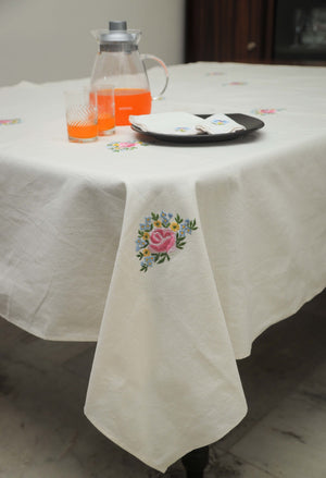 Floral Embroidered White Table Cloth