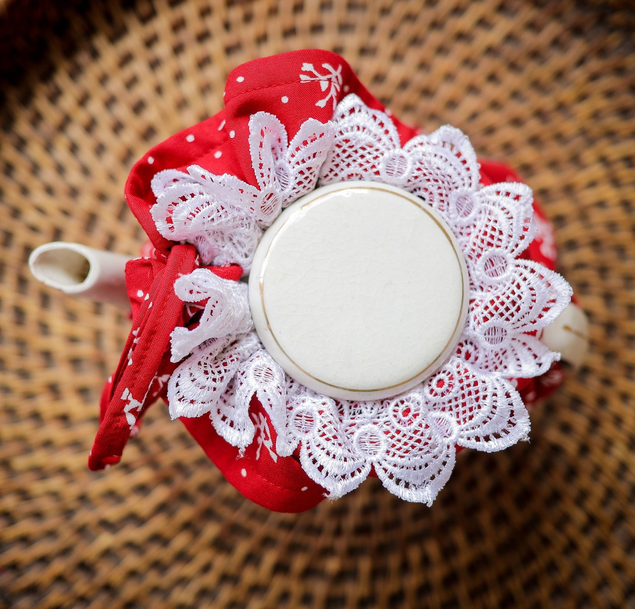 Red & White Teapot cover with lace details