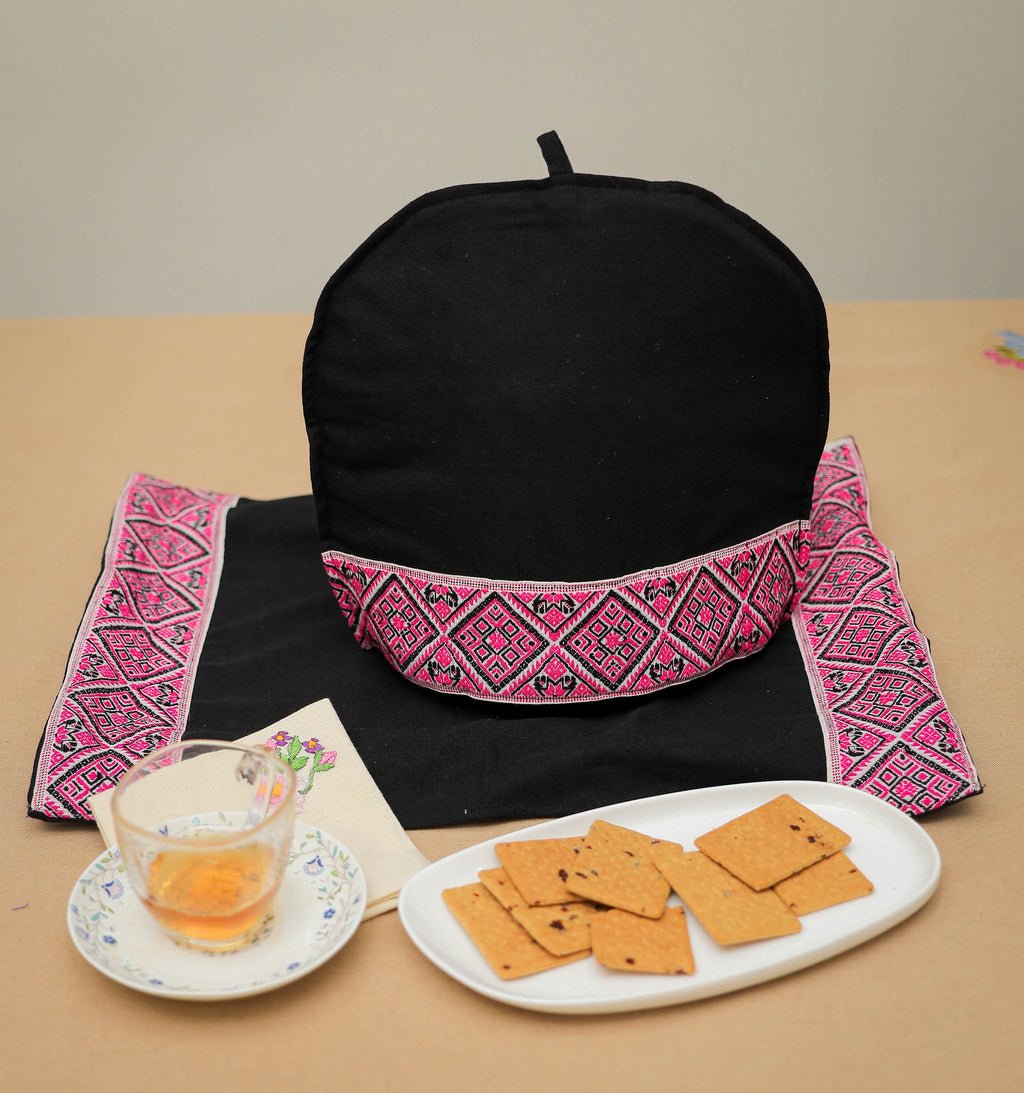 Black Tea cosy & Tray Cloth with Pink Weaved Border detail
