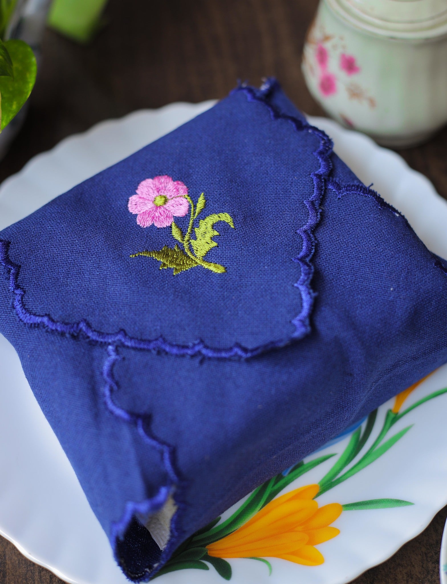 Navy Blue Floral Embroidered Sandwich Cover