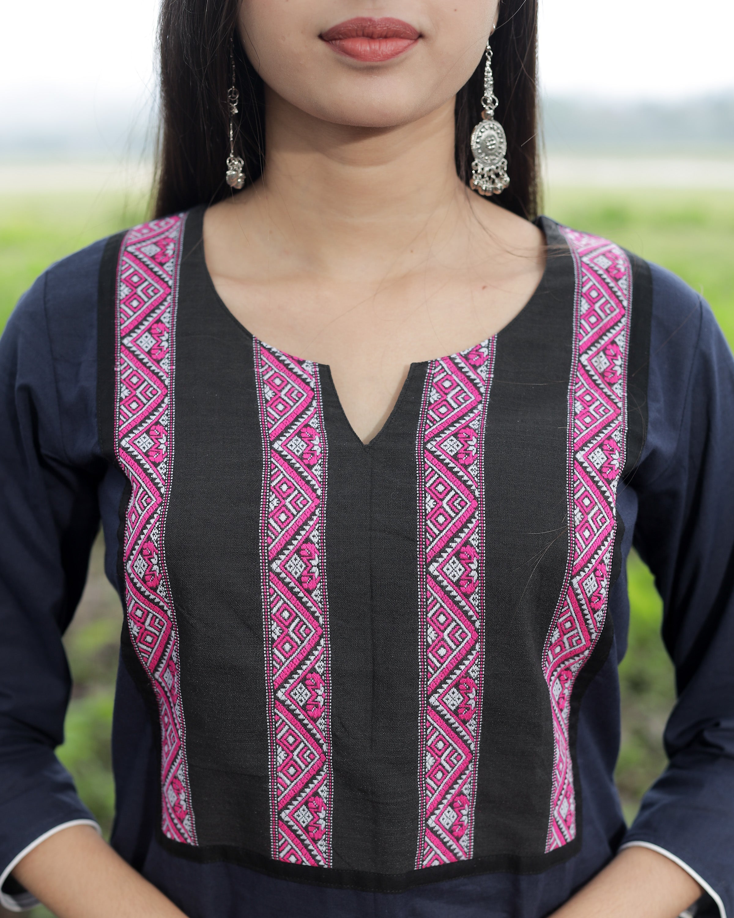 Navy Blue Cotton Kurta with pink and black weave design details