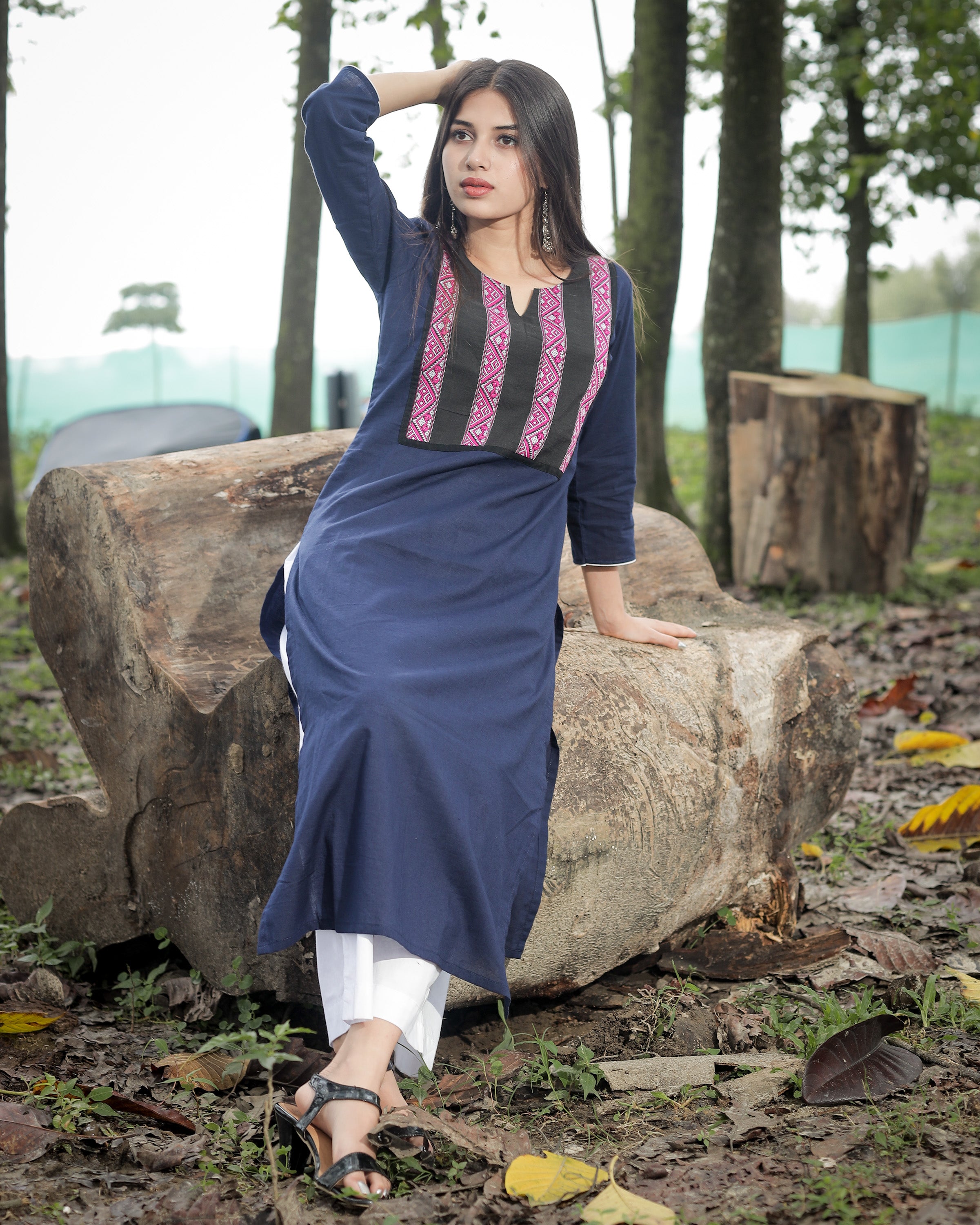 Navy Blue Cotton Kurta with pink and black weave design details