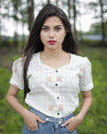 White chequered cotton top with puff sleeves