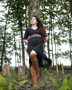 Black Cotton Dress with Red weave details.