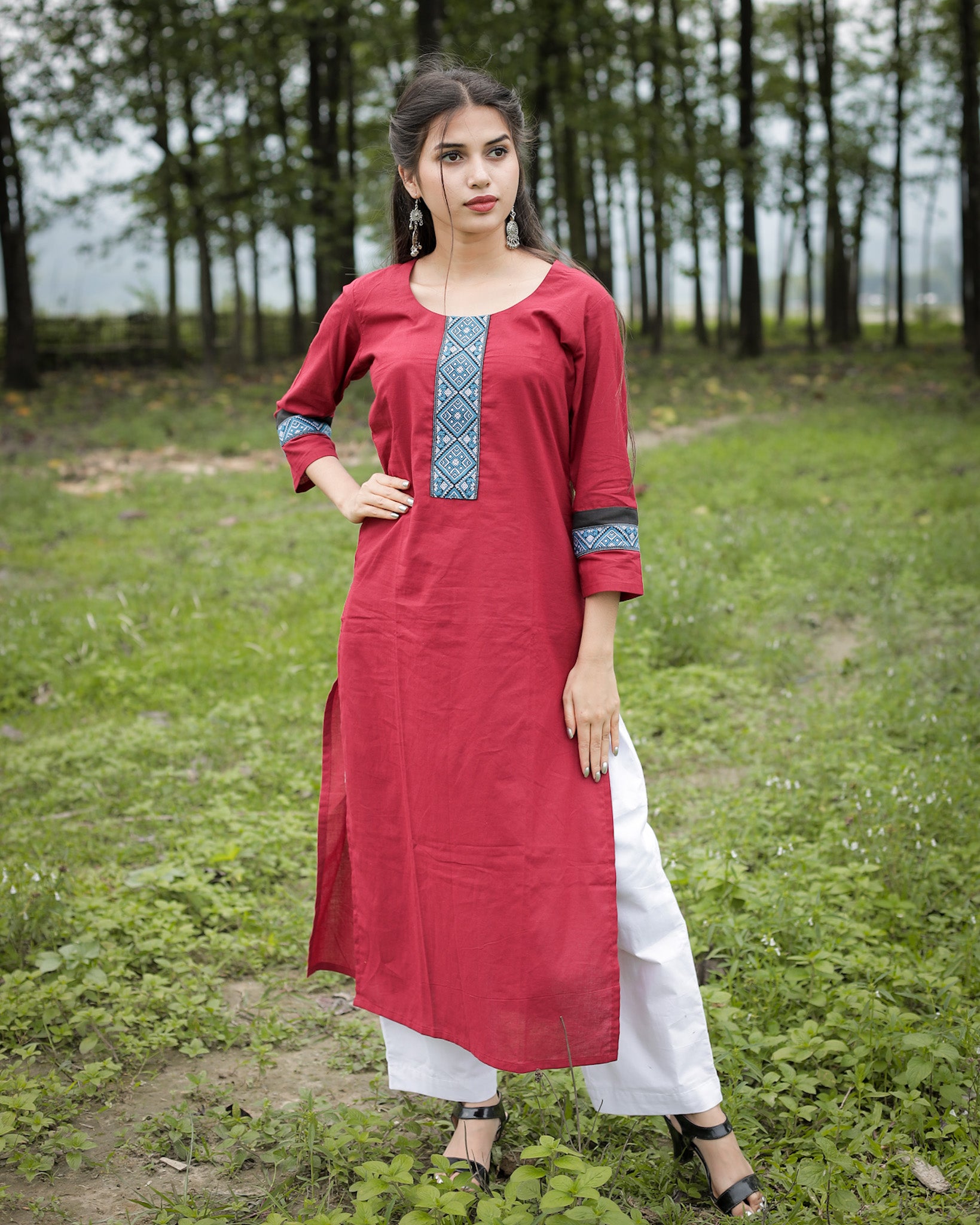 Wine red cotton kurta with blue weave design details – Periwinkle Fashion