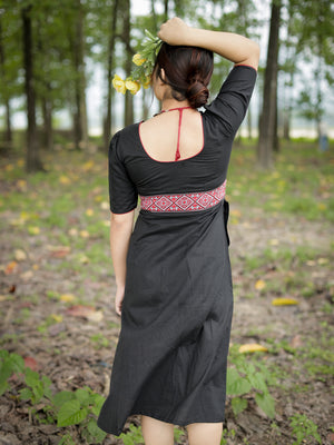 Black Cotton Dress with Red weave details.